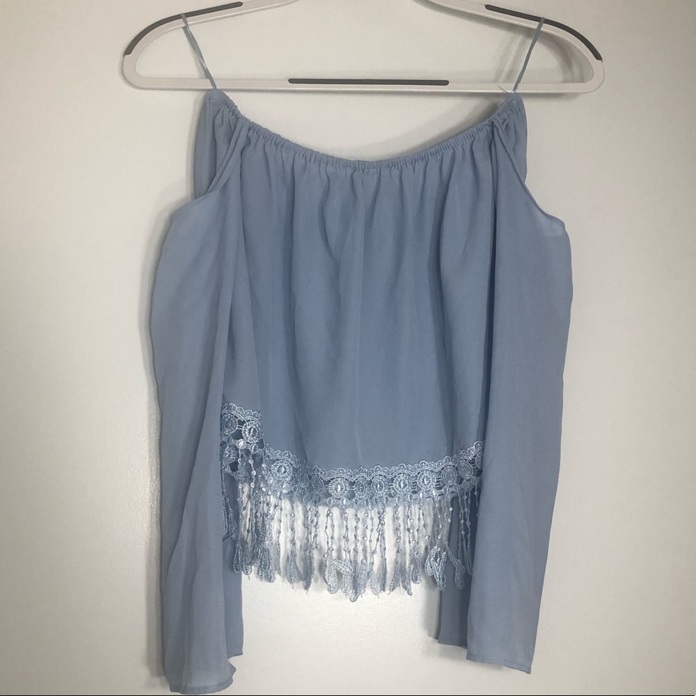 Blue off the shoulder wide sleeve shirt